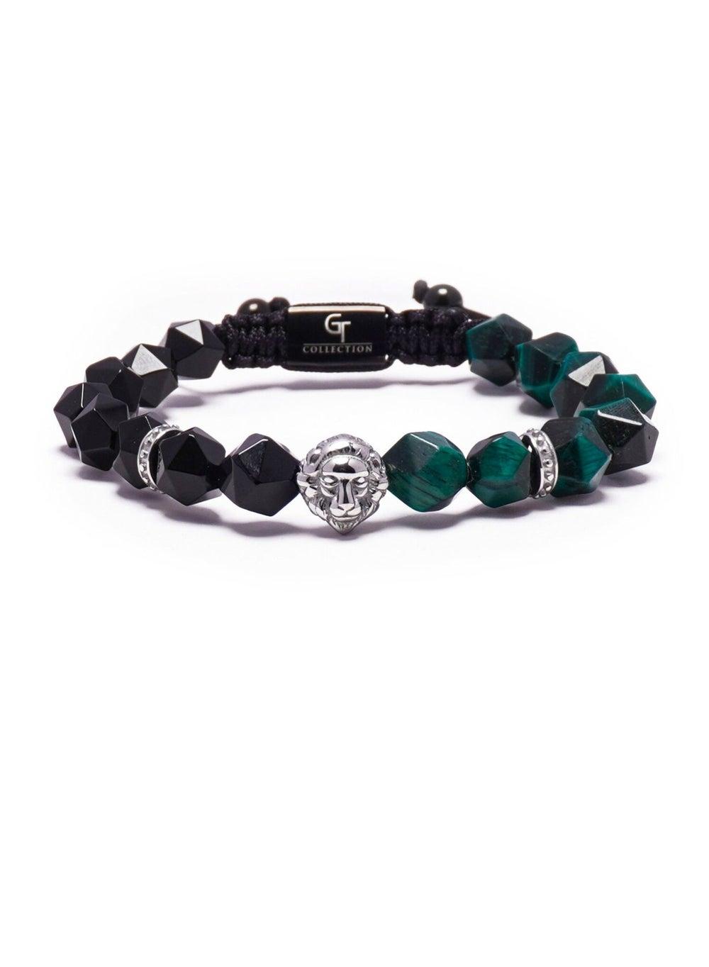 Green Tiger Eye Onyx Bracelet with Silver Lion Head - Image 1