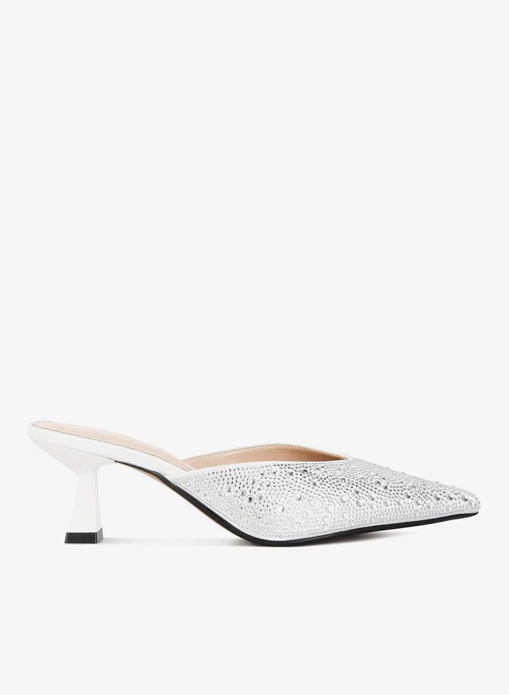 Sh4387 White Rhinestone Satin Kitten Heel Mules - Image 1