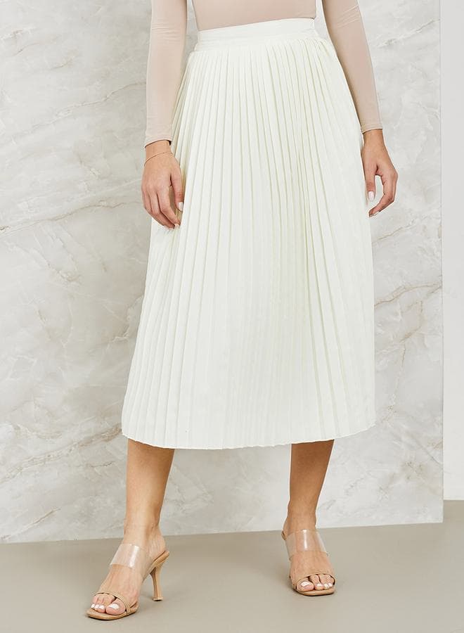 White Pleated A-Line Midi Skirt High-Rise 7006842811Cream - Image 1