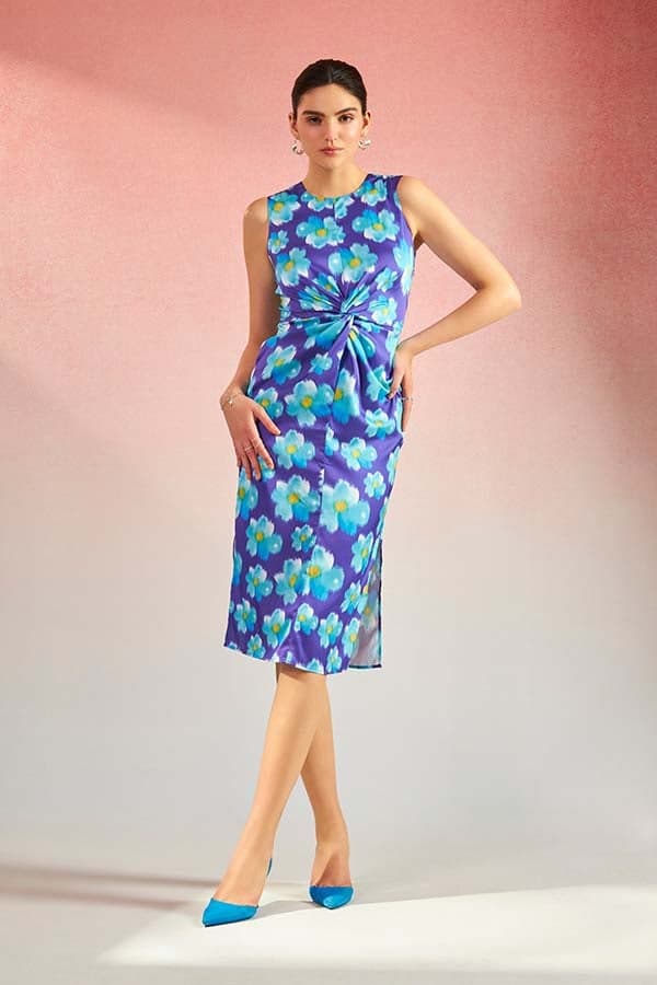 Floral Satin Knot Midi Dress in Purple Print - Image 1