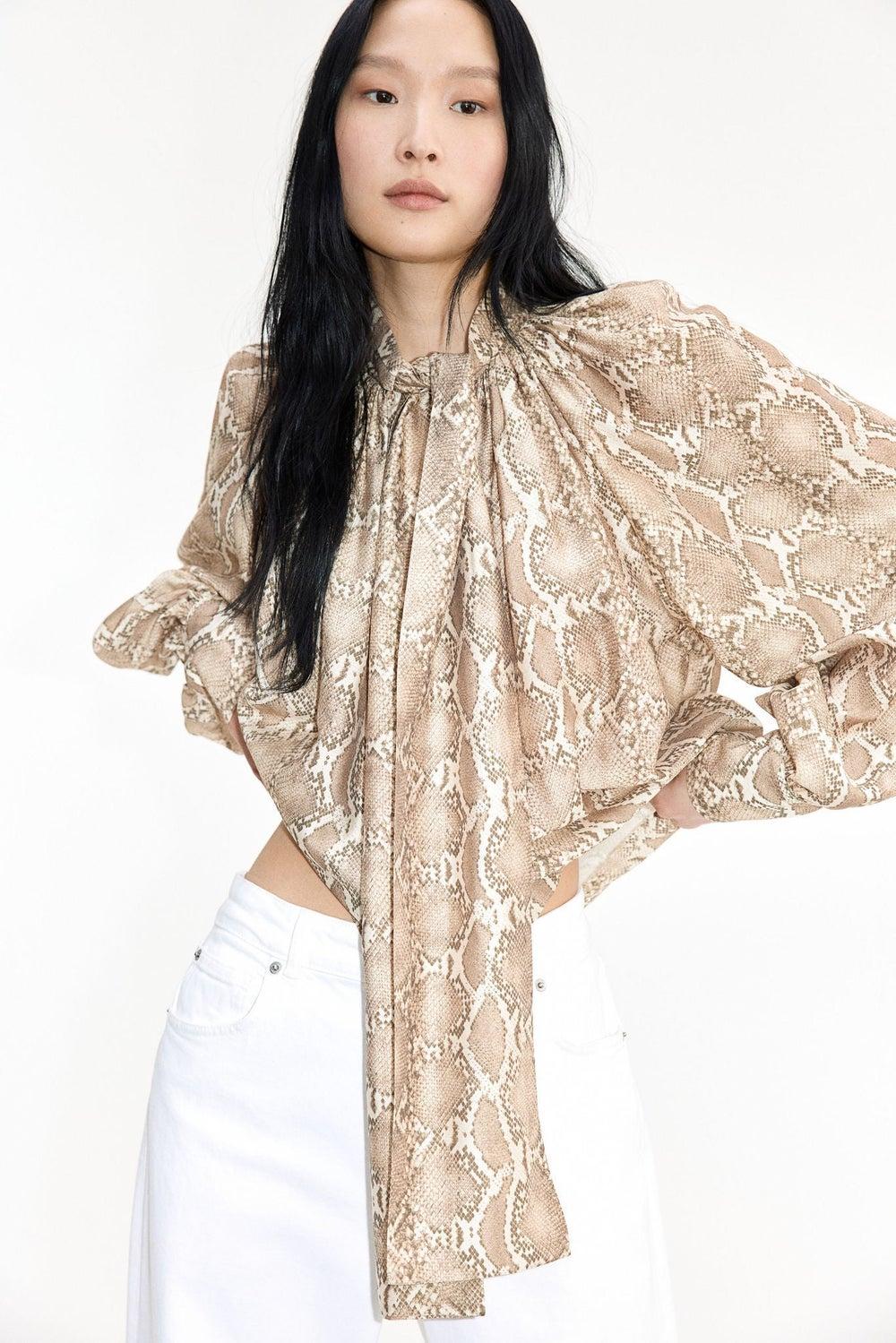 Beige Animal Print Tie-Neck Oversized Blouse - Image 1
