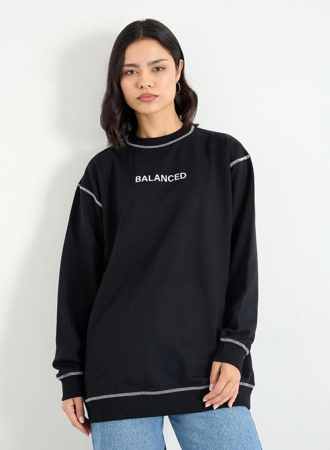 Styli Black Longline Embroidered “Balanced” Sweatshirt - Image 1