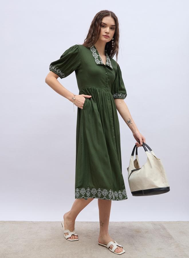 Olive Embroidered Poplin Midi Dress with Puff Sleeves - Image 1