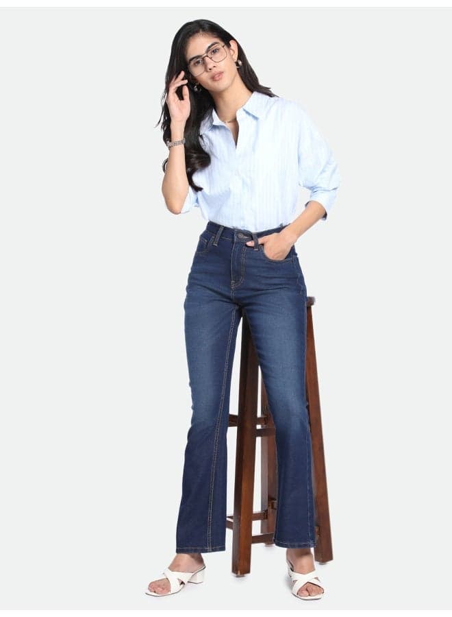Indigo High-Rise Boot Cut Jeans Stretch Cotton Blend - Image 1