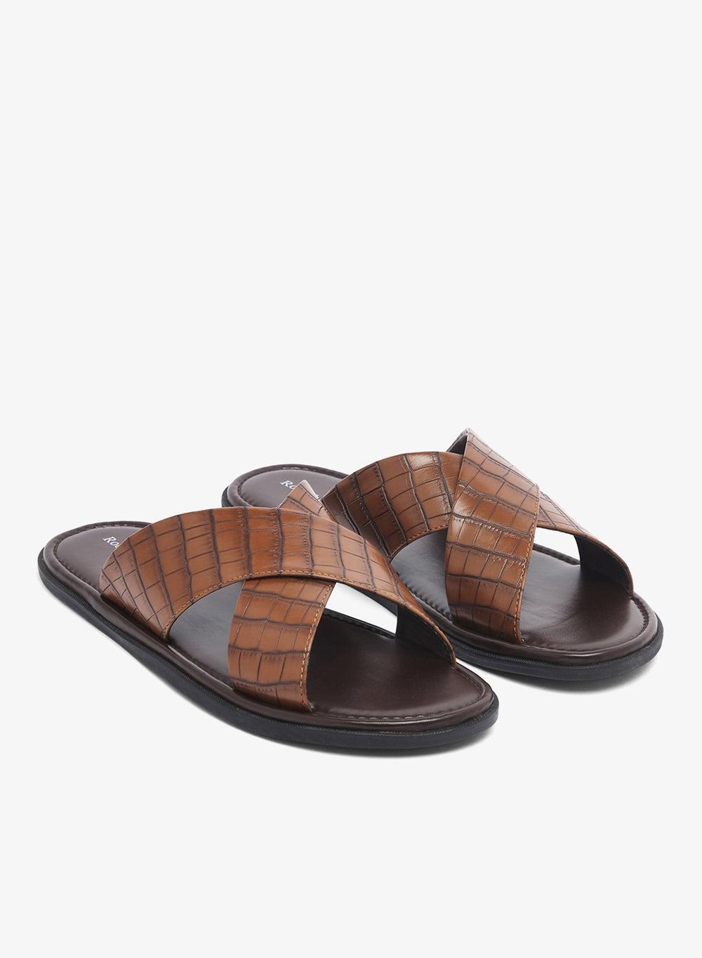 Tan Croc Emboss Cross Strap Flat Sandals Mk Cl86 - Image 1