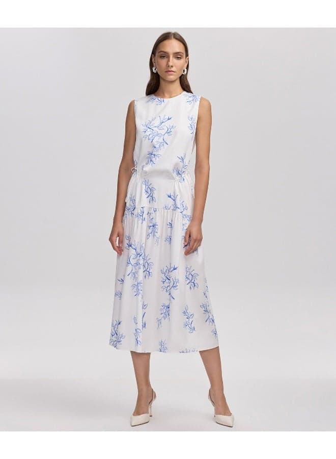 Flared Midi Floral Dress – White Blue Print - Image 1