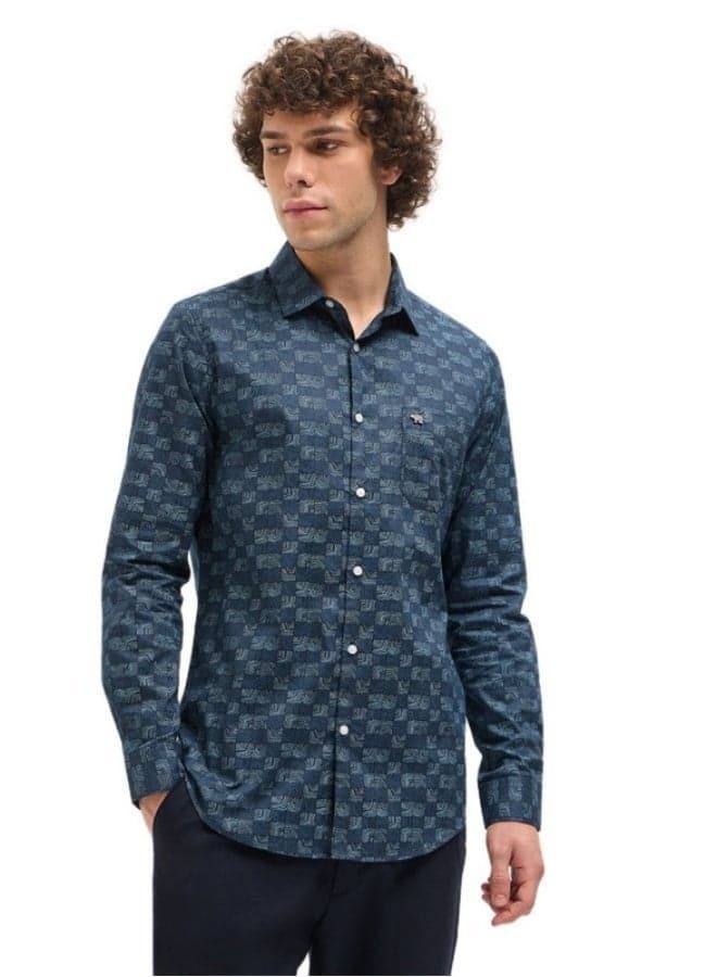 Blue Printed Cotton Button-Down Shirt for Men - Image 1
