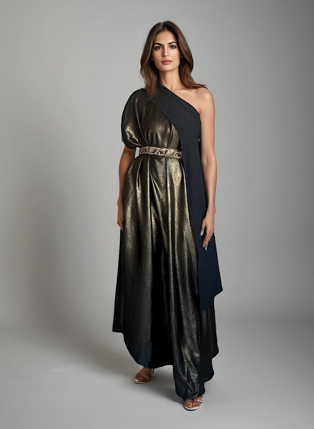 Shimmer Black One-Shoulder Drape Maxi Dress - Image 1