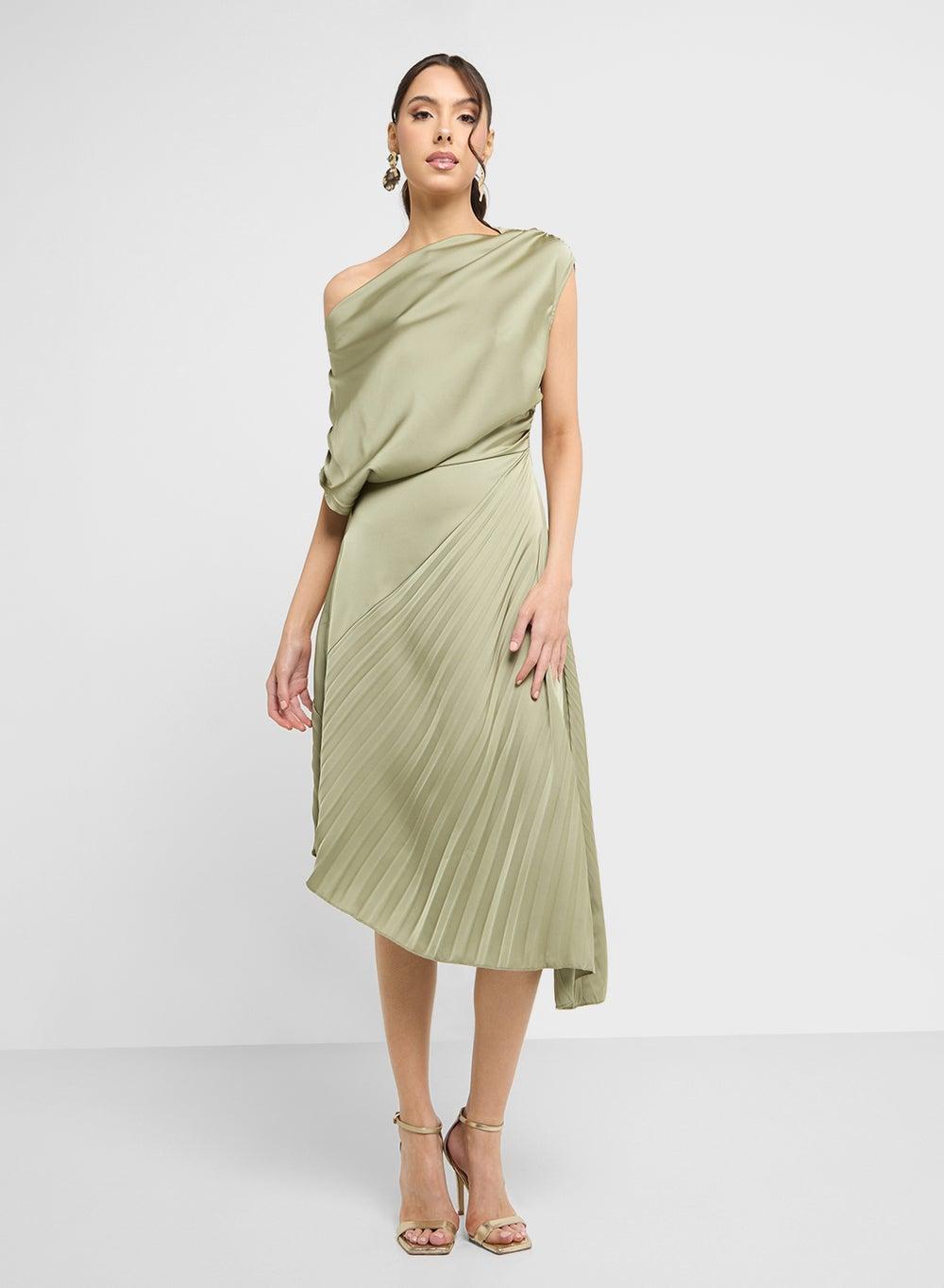 Pleated Satin One-Shoulder Midi Dress S25 D968 - Image 1