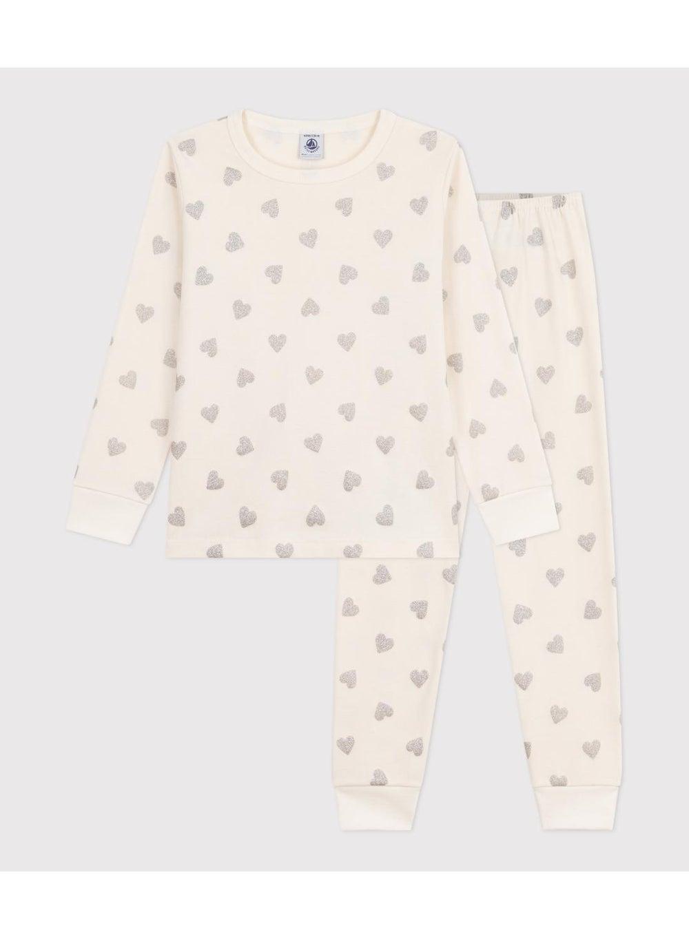 Girls Silvery Heart Cotton Pyjamas Milk Argent - Image 1