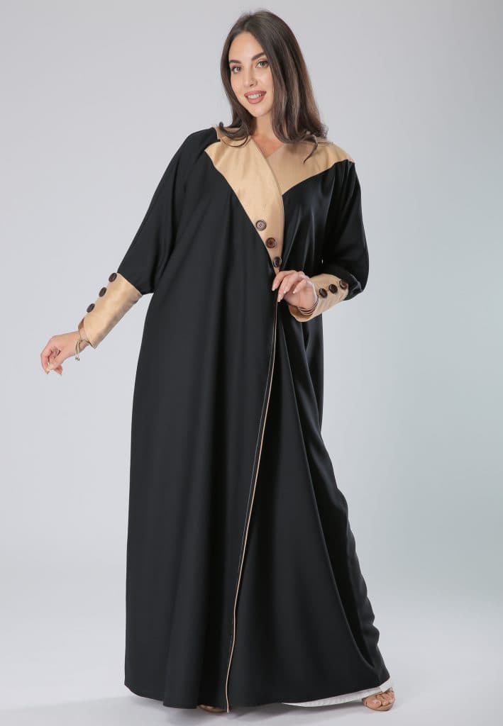 Black Button & Piping Detail Asymmetric Abaya - Image 1