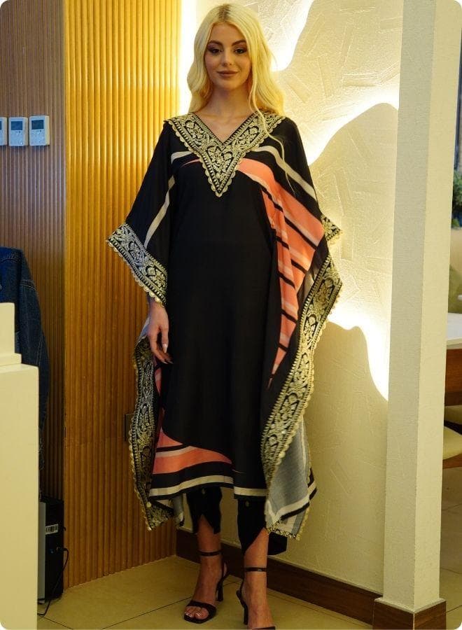 Black Kaftan Set with Pink & Beige Stripes - Image 1