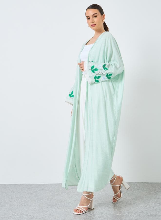 Floral Embroidered Open Front Abaya in Green - Image 1
