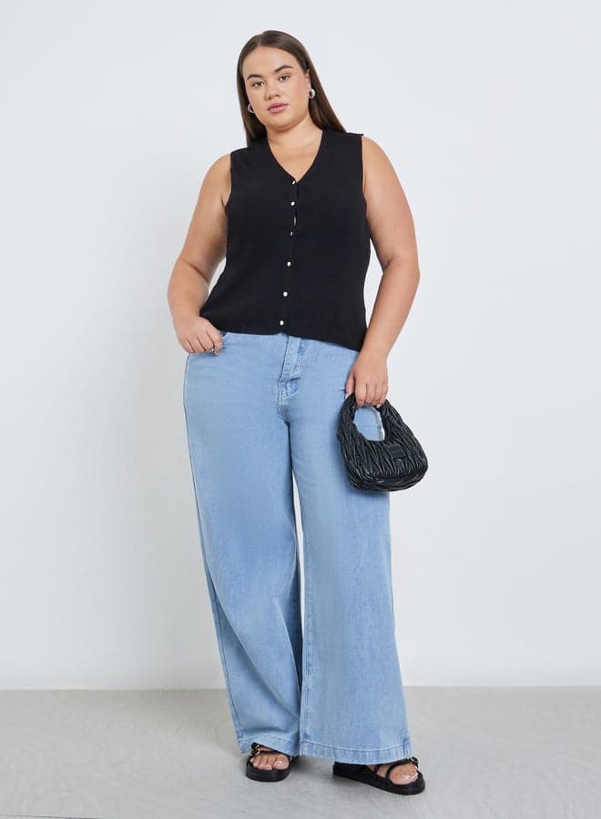 Styli Plus Mid Rise Wide Leg Jeans Light Wash - Image 1