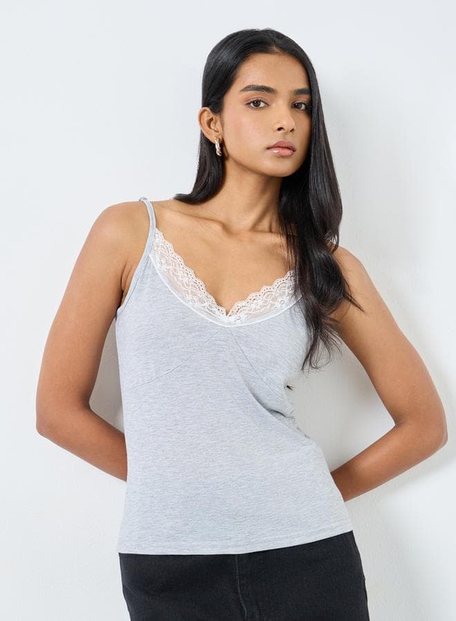 Take Two Grey Lace Trim Strappy Cami Top - Image 1