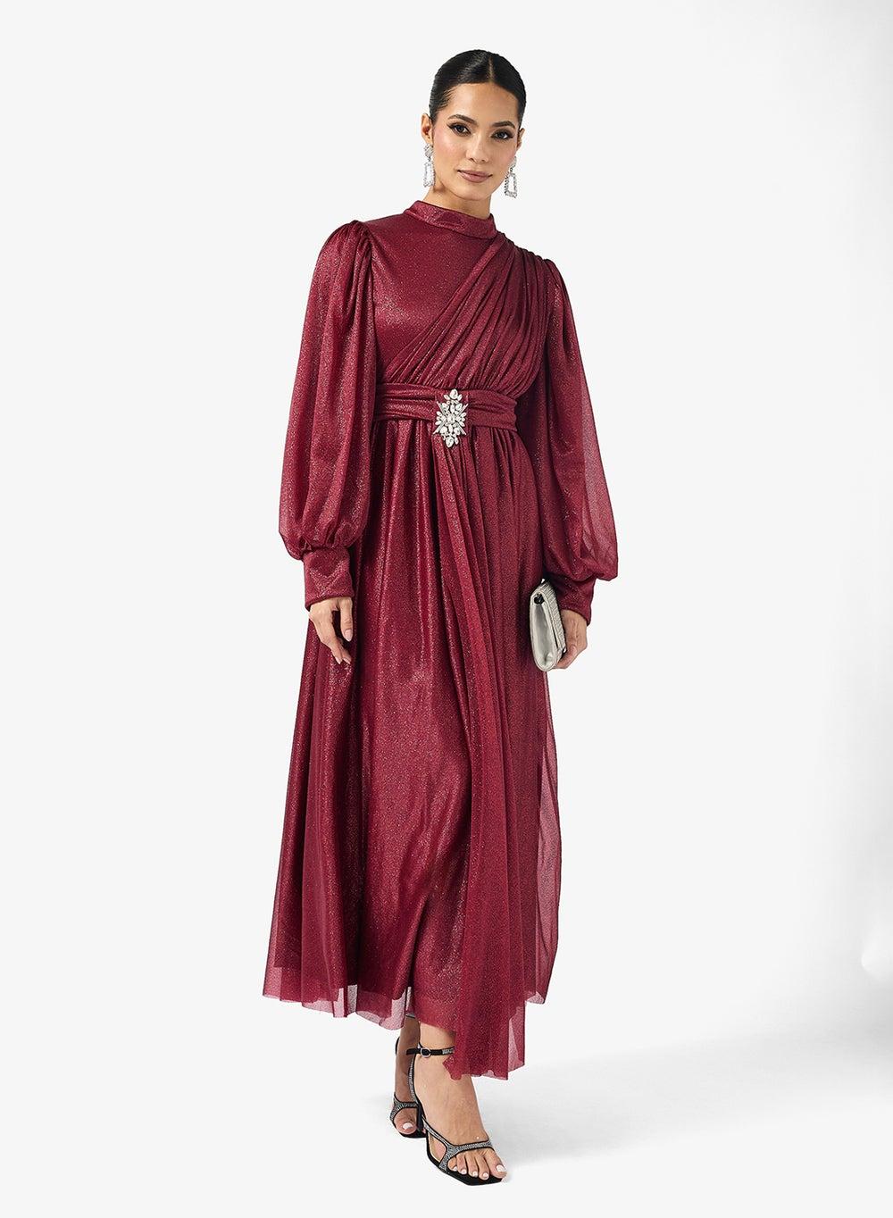 Burgundy Draped Shoulder Trail Maxi Dress Af1100837 - Image 1