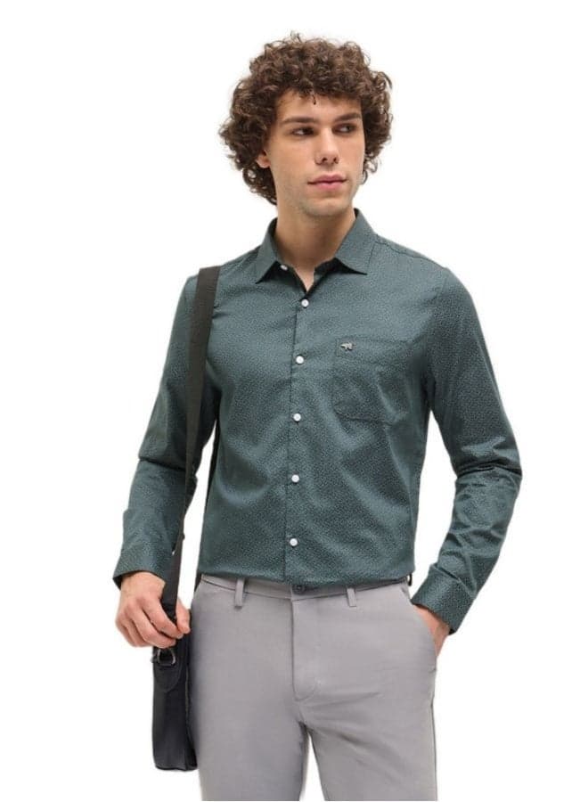 Men’s Green Printed Cotton Button-Down Shirt - Image 1