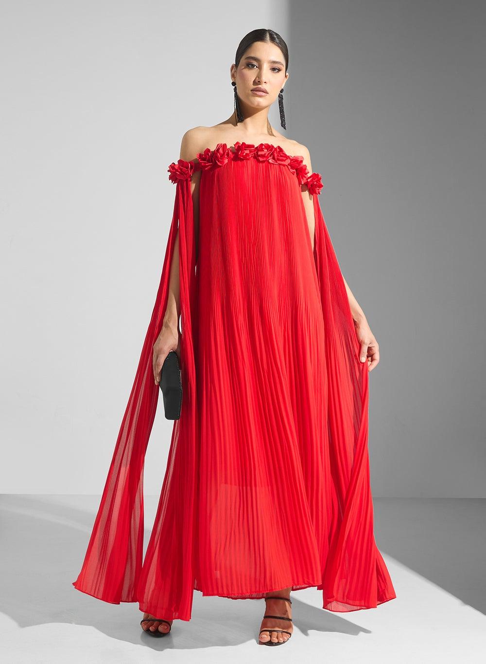 Red Off-Shoulder 3D Floral Maxi Dress 6582 - Image 1