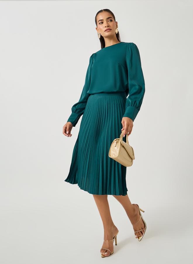 Green Volume Sleeve Top & Pleated Skirt Co-Ord Set - Image 1