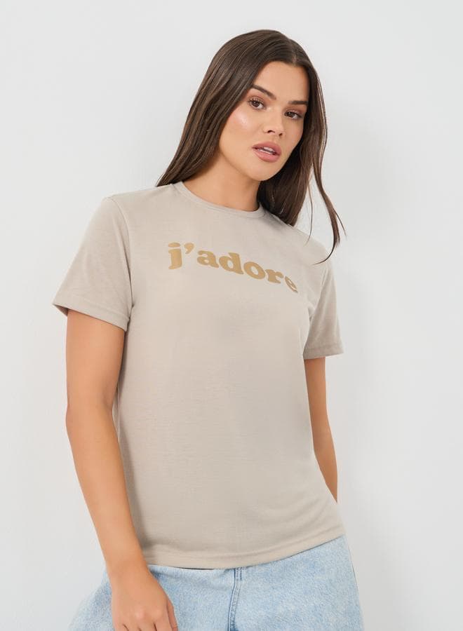 Brown Slogan Print Casual T-Shirt Classic Fit - Image 1