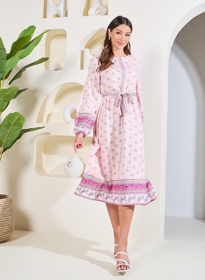 Styli Boho Print A-Line Midi Dress 7006735128 Pink - Image 1