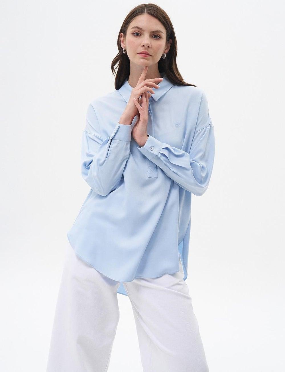 Kayra Ice Blue Viscose Half Placket Shirt - Image 1