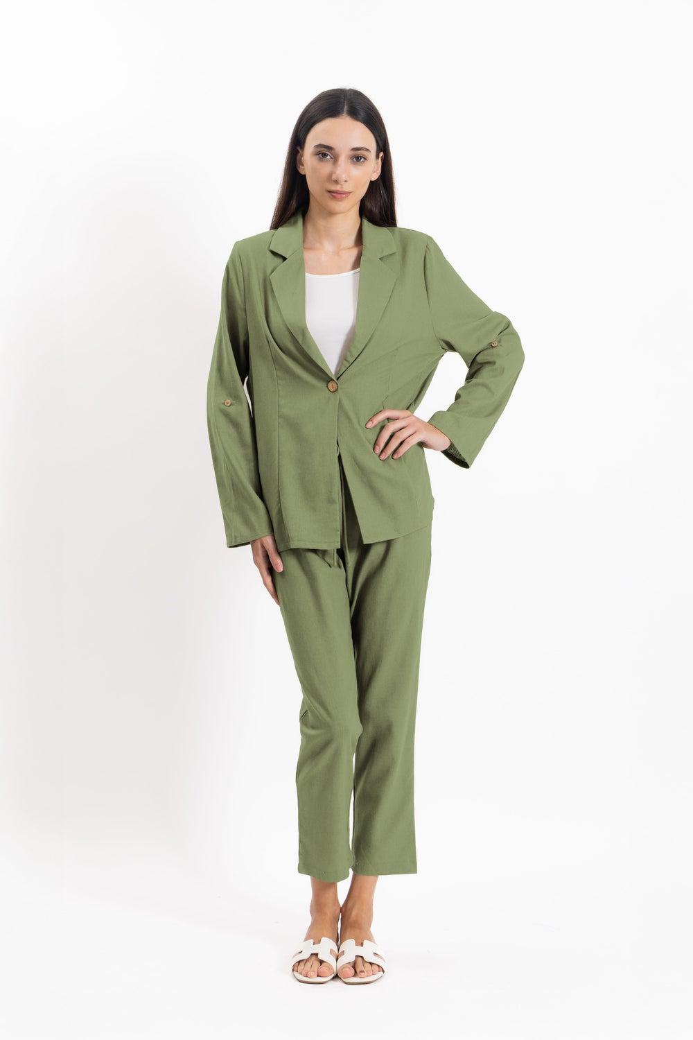 Green Linen Blend Blazer & Pants Set - Image 1