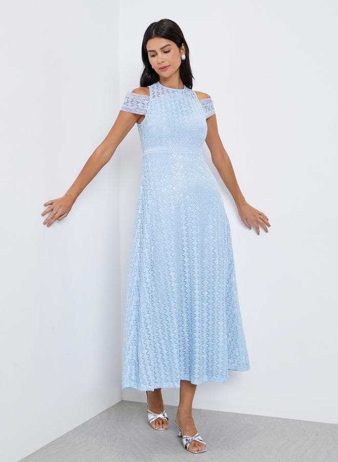 Styli Blue Lace A-Line Maxi Evening Dress - Image 1
