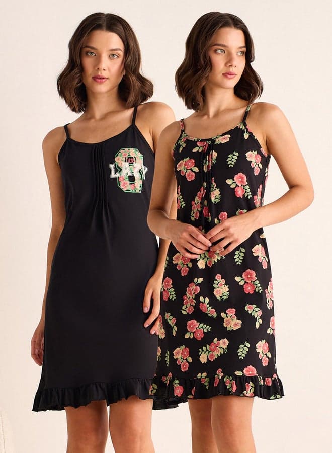 Set of 2 Multicolor Cotton Blend Printed Slip Dresses - Image 1
