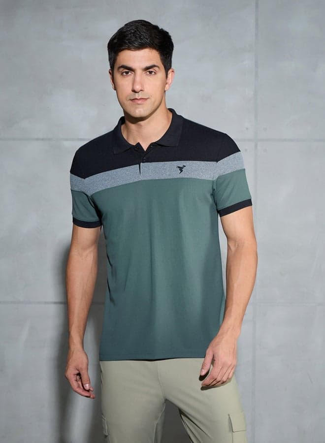 Technosport Green Color Block Slim Fit Polo 7015056613 - Image 1