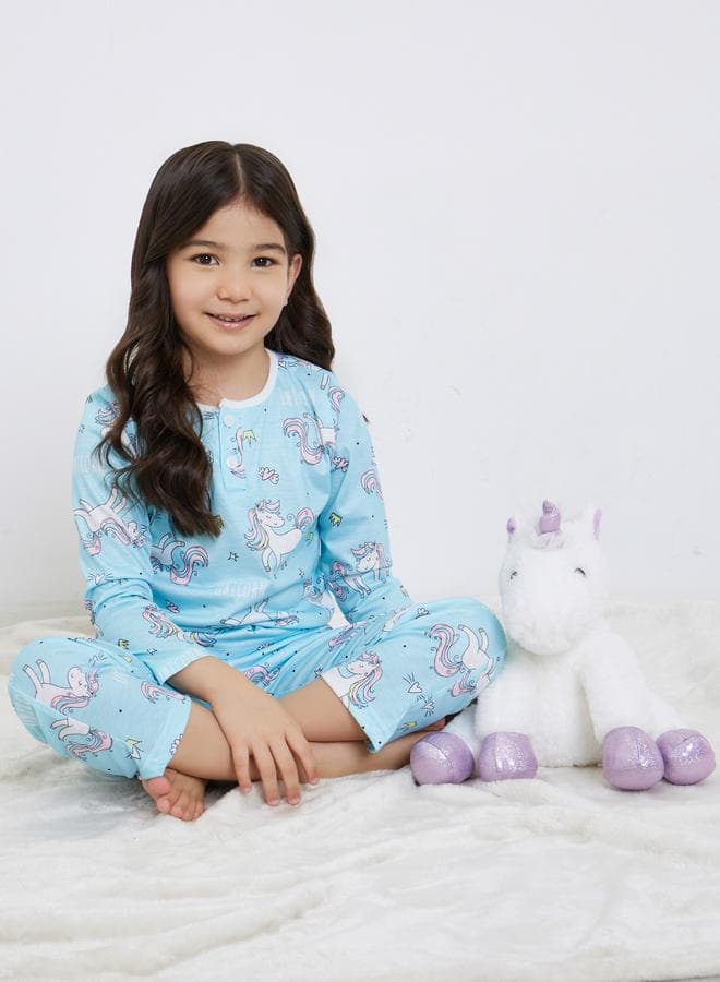 Styli Unicorn Graphic Girls Pyjama Set Blue - Image 1