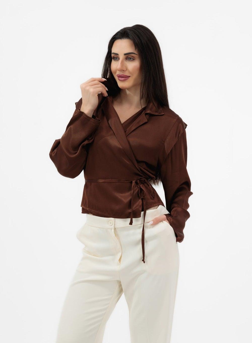 Chic Brown Satin Blouse UAE Elegance - Image 1