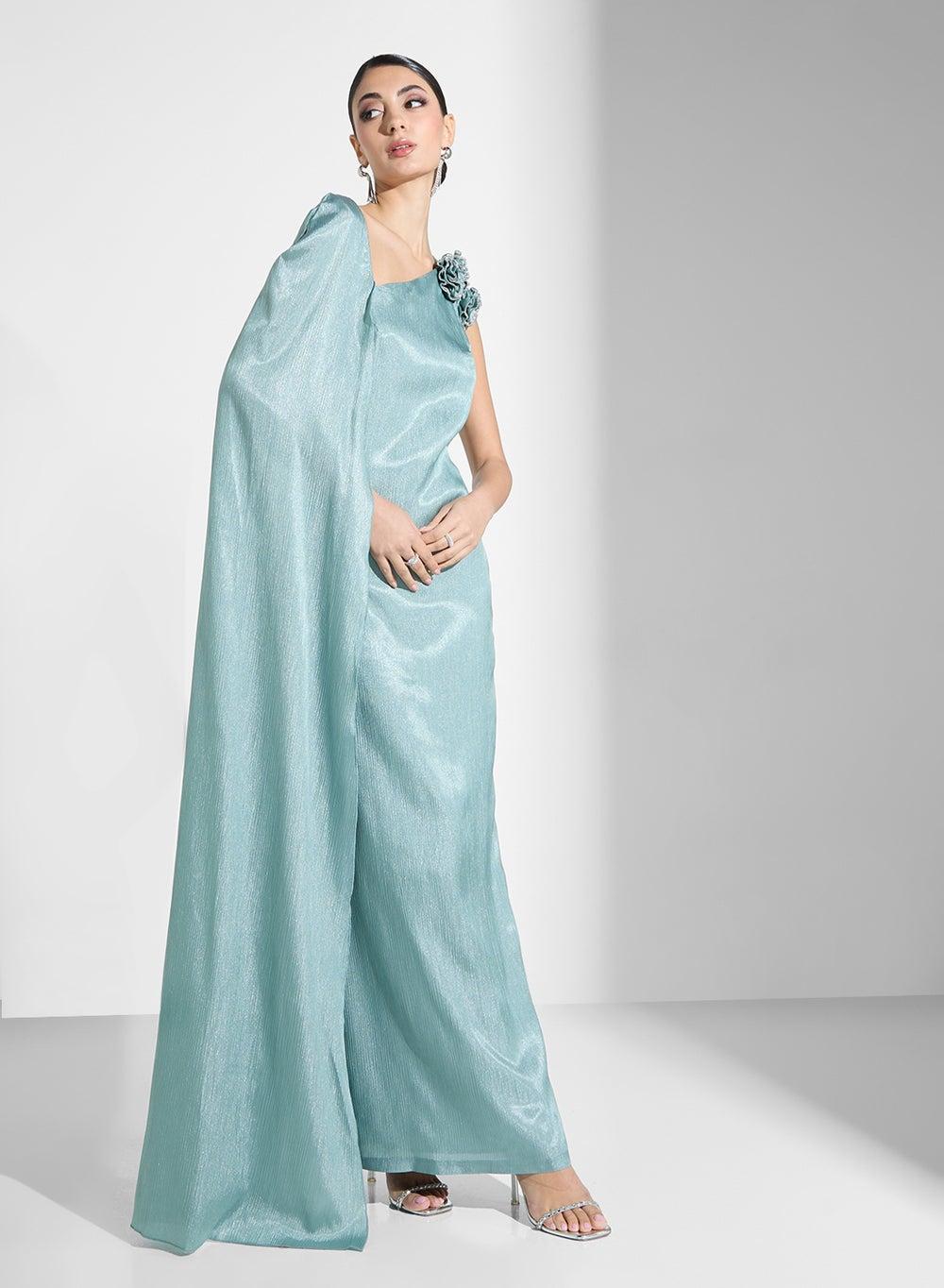 Green One Shoulder Maxi Dress 4032 with Dramatic Trail - Image 1
