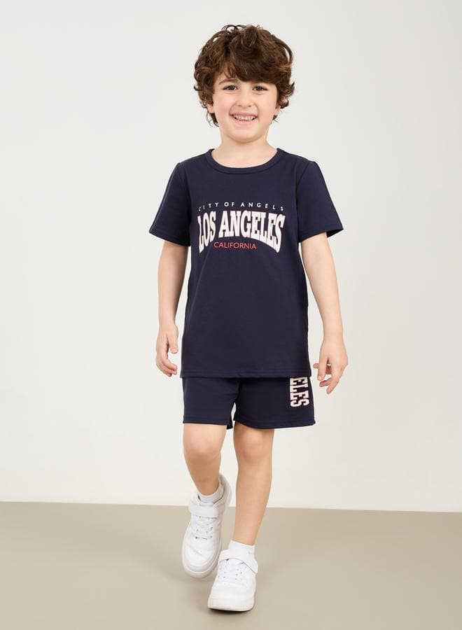 Oversize Los Angeles Print Boys Blue T-Shirt & Shorts Set - Image 1