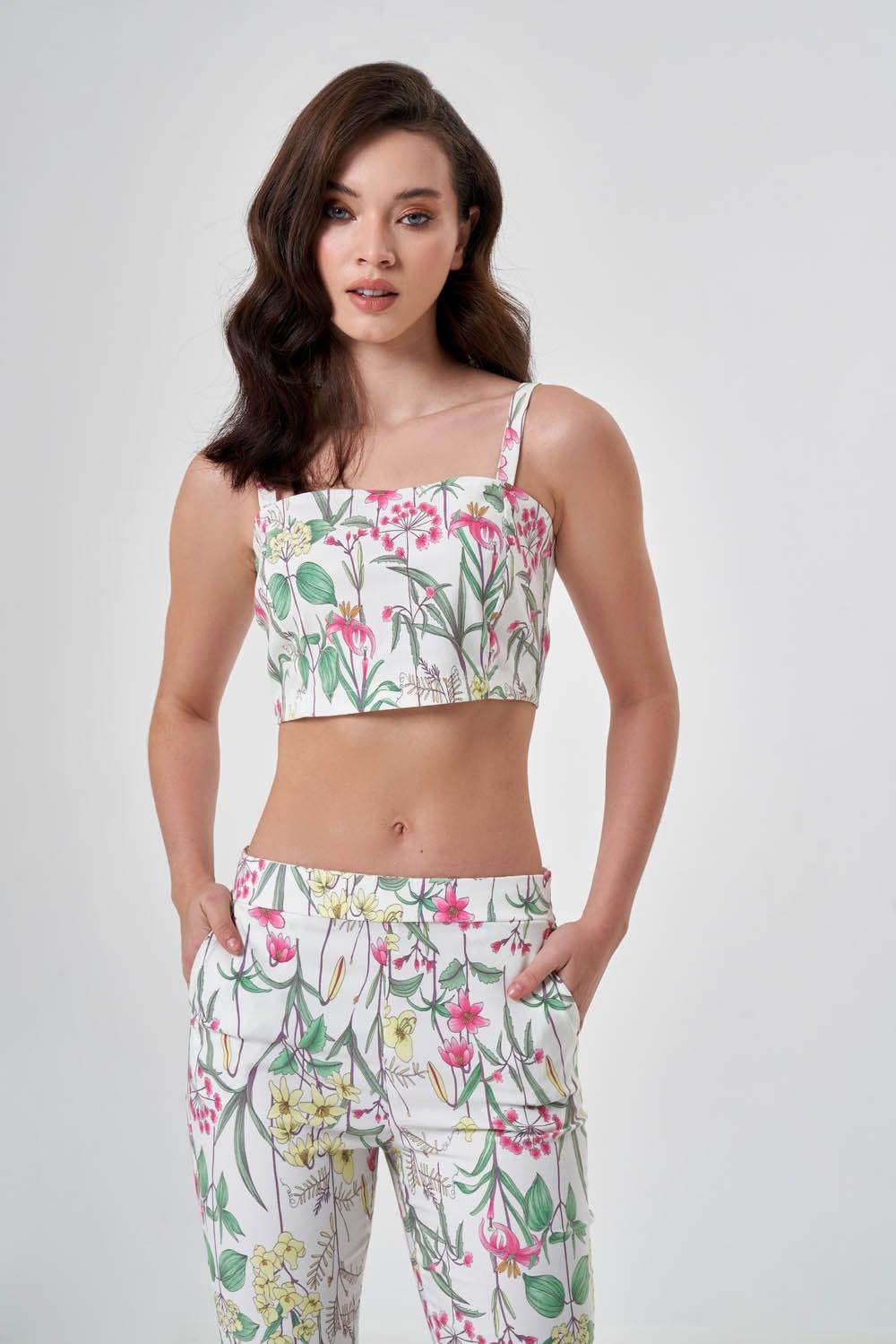 Floral Square Neck Strapped Bustier Crop Top - Image 1