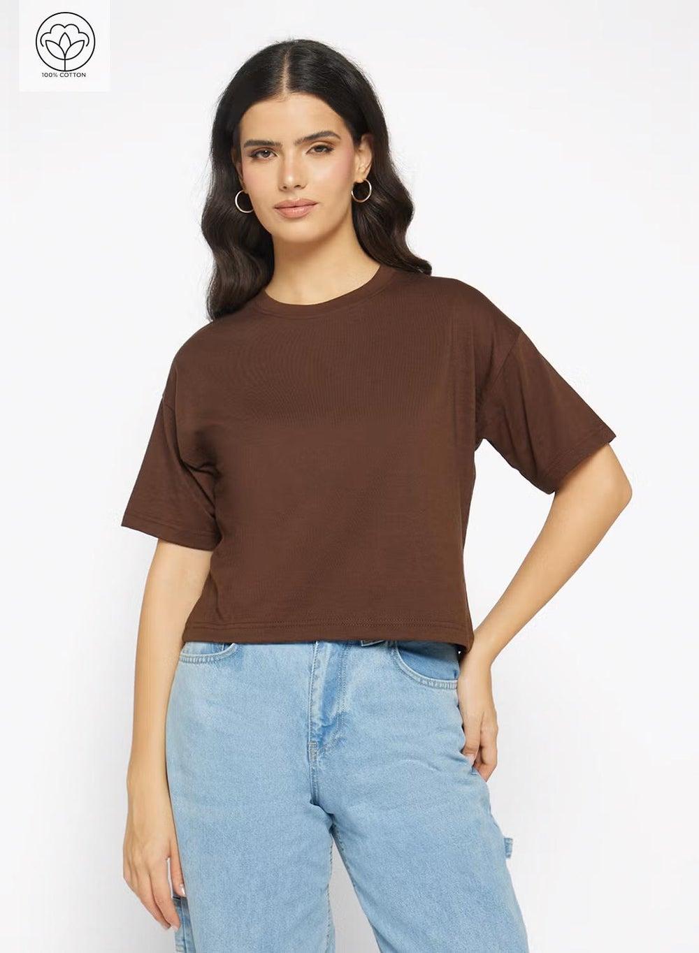 Tamtee08 Brown Cotton Boxy Cropped T-Shirt - Image 1