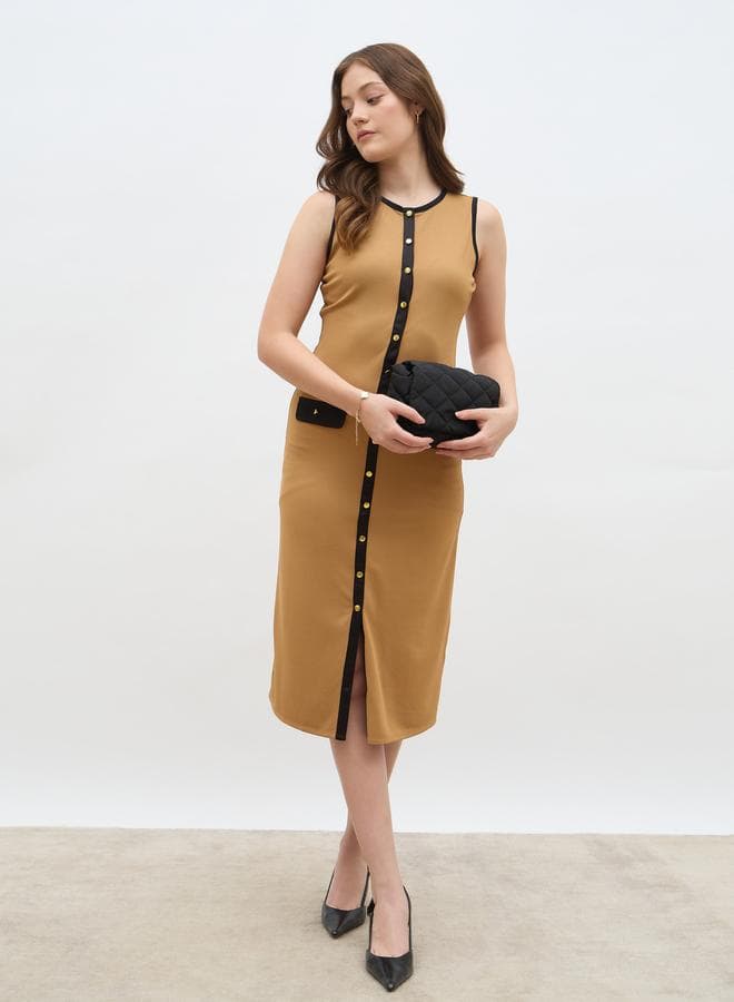 Styli Beige Contrast Trim Sleeveless Midi Sheath Dress - Image 1