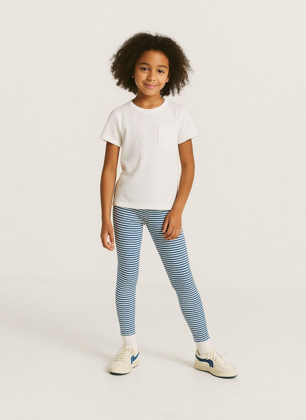 Girls Navy Ribbed Ankle Cotton Leggings - Image 1