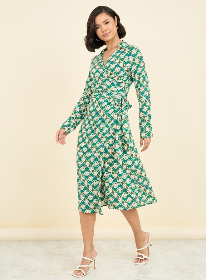 Styli Green Print Self-Tie Collared Wrap Midi Dress - Image 1