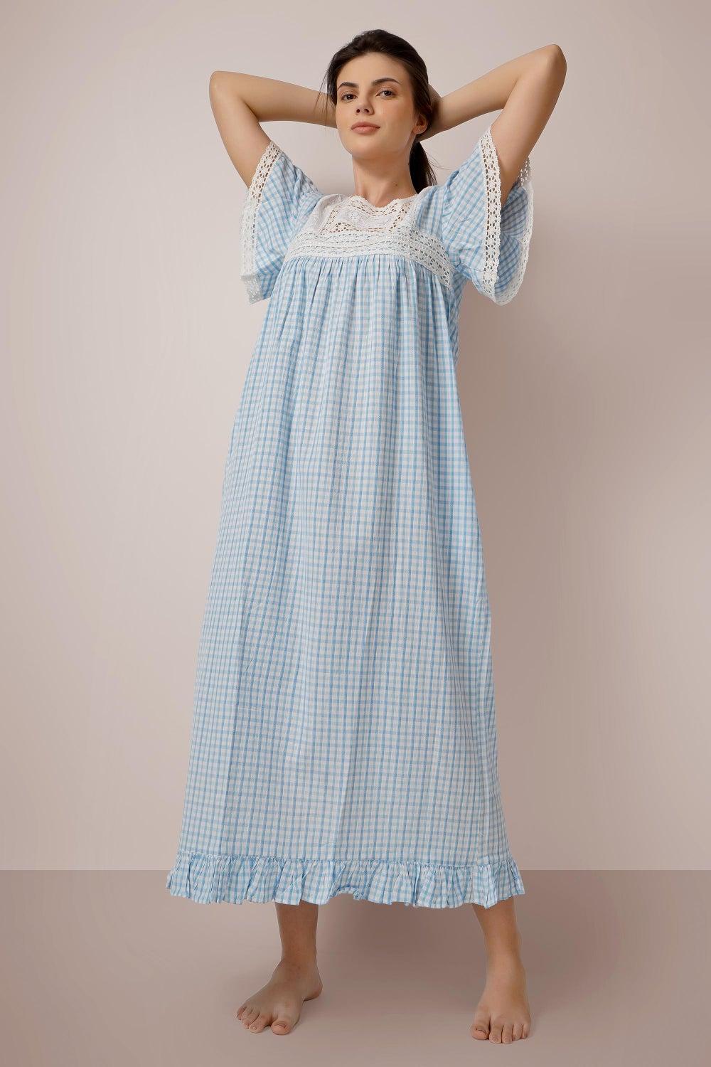 Acai Cotton Gingham Nightdress with Lace Detail - Image 1