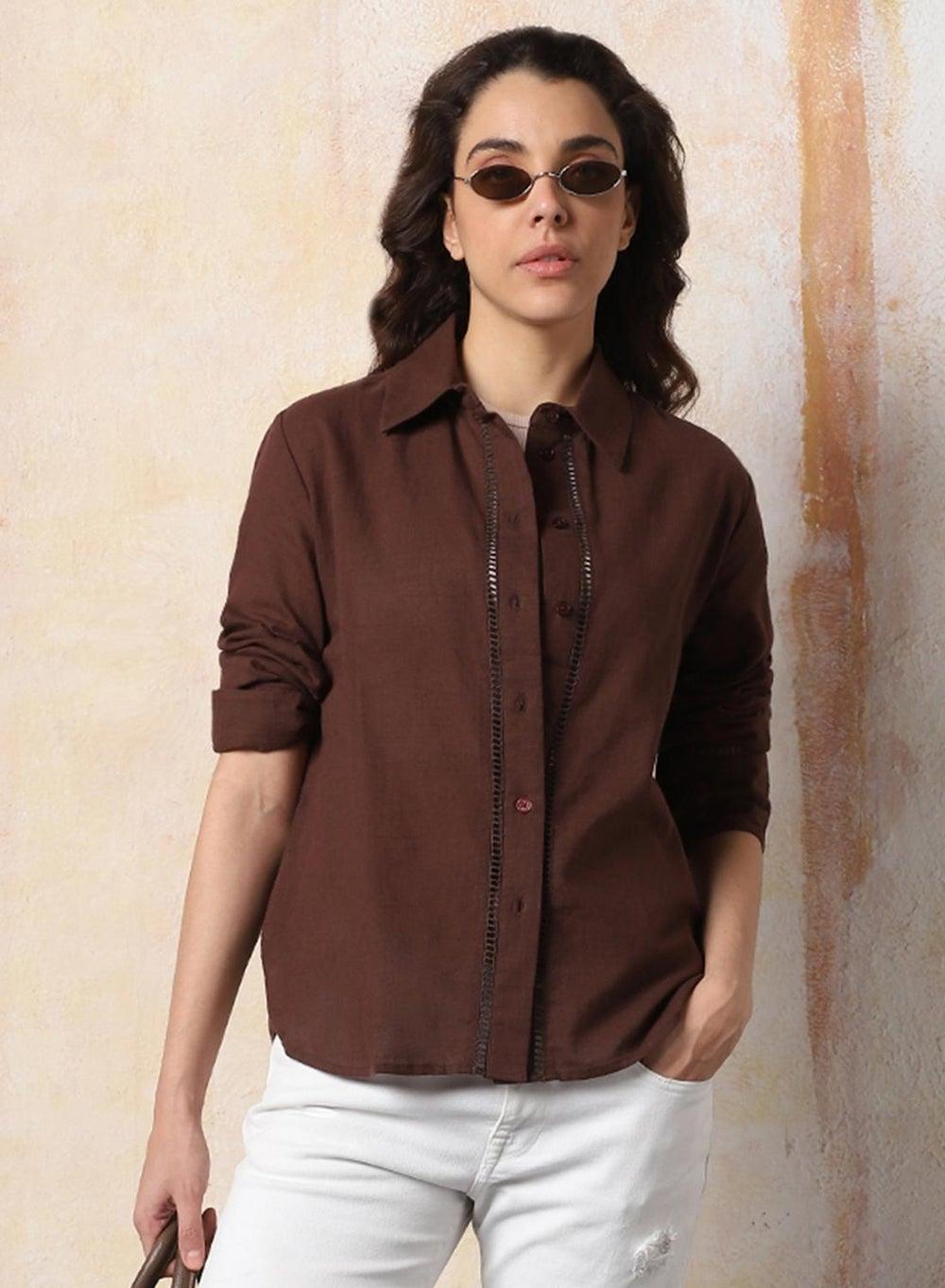 Women’s Oversized Coffee Brown Rayon Casual Shirt - Image 1