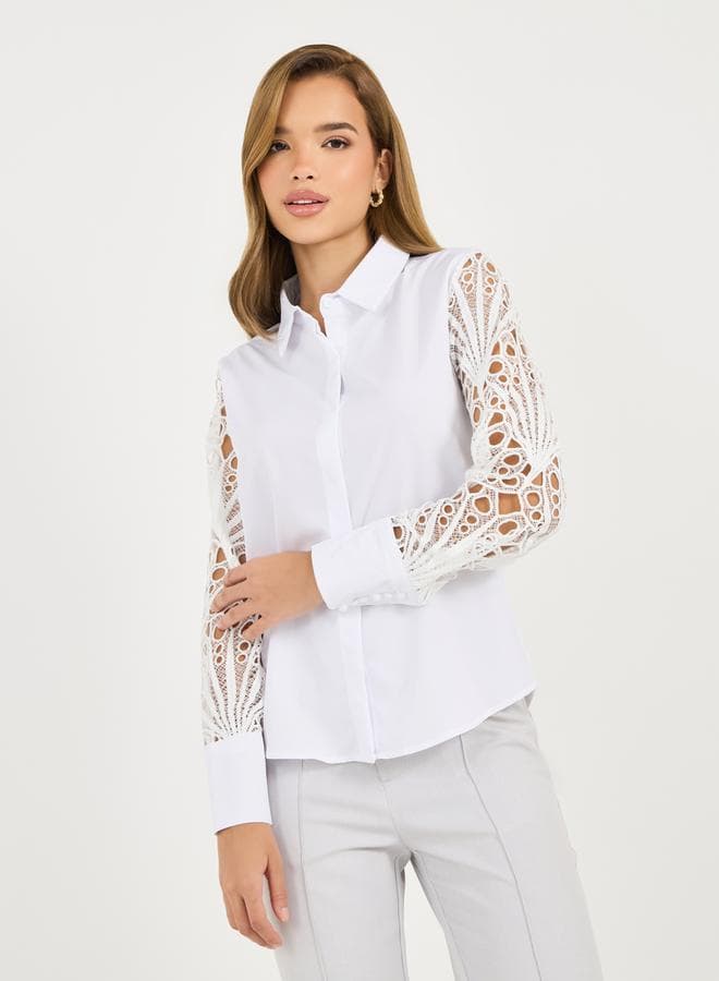 Styli Lace Insert White Collared Shirt 7011099936 - Image 1
