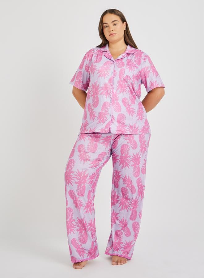 Plus Size Pineapple Print Pompom Pocket Pyjama Set - Image 1