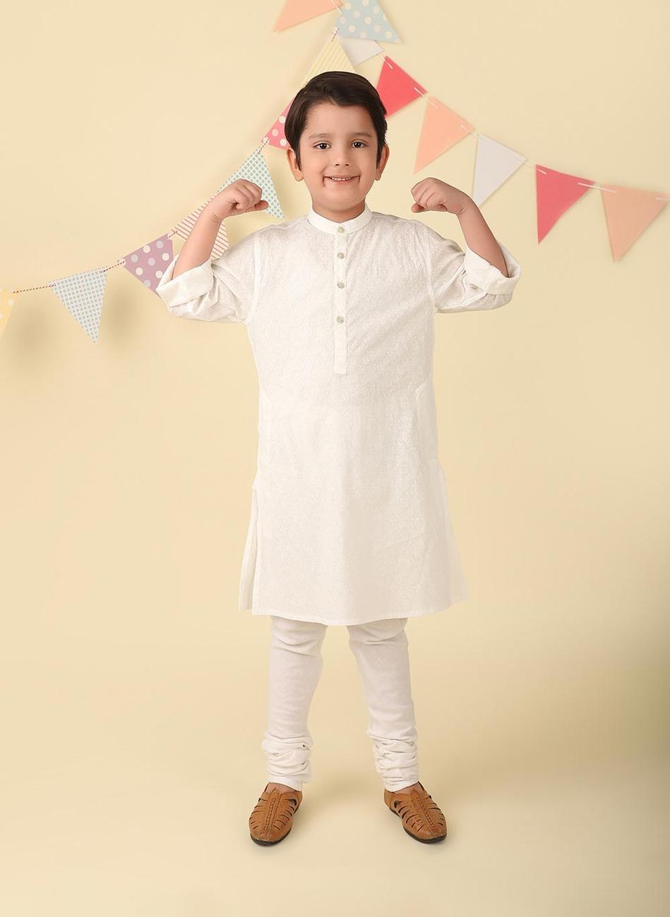 White Cotton Hand Block Printed Boys Kurta - Image 1
