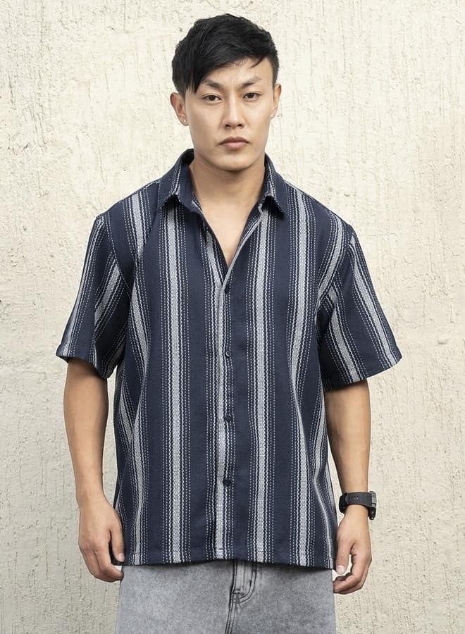 Men’s Navy Striped Shirt Classic Fit Cotton Blend - Image 1