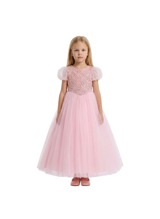 Iridescent Sequin Bodice Pink Tulle Maxi Dress - Image 1