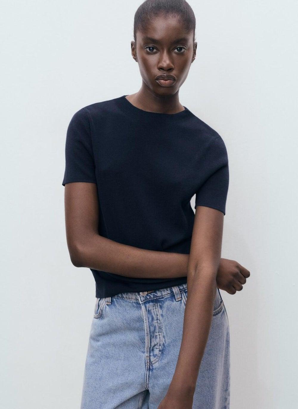 Fine-Knit Box Neck Short Sleeve Sweater 17092907 - Image 1