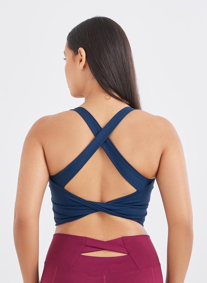 Navy Back Twist Cross Strap Medium Support Sports Bra - Image 1