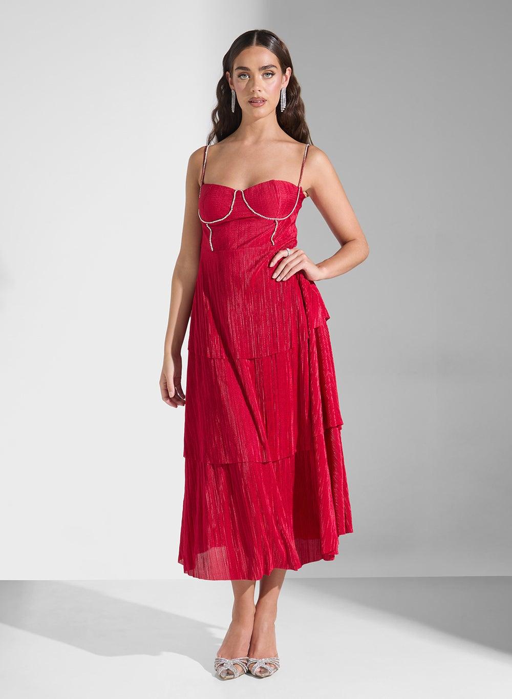 Ma2722 Tiered Metallic Red Midi Dress - Image 1