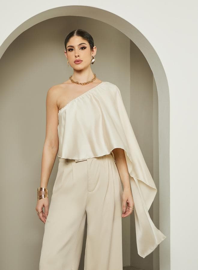 Cream One-Shoulder Asymmetric Cape Blouse 7012000936 - Image 1